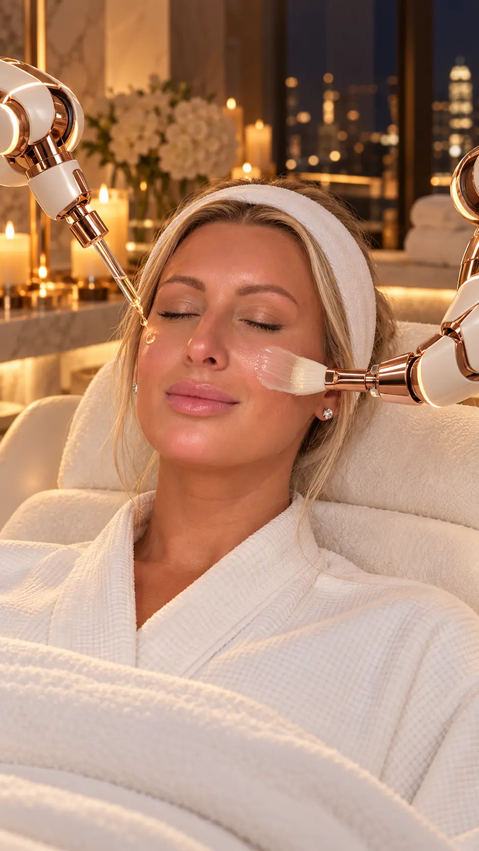 A luxury facial treatment in a candlelit spa with gold accents
